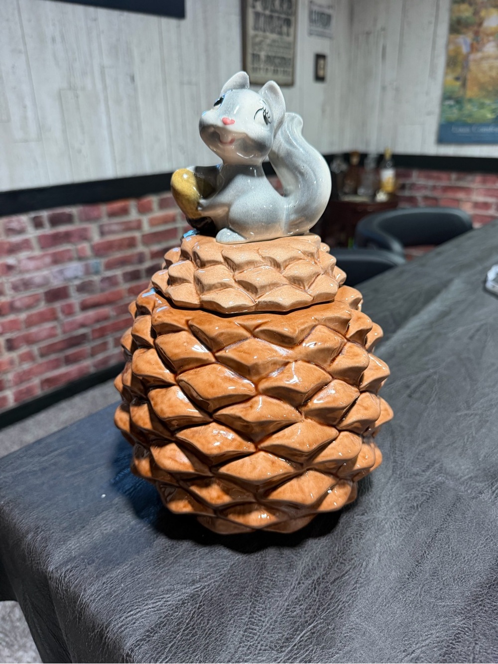 Ceramic Pinecone Jar with Gray Squirrel Lid